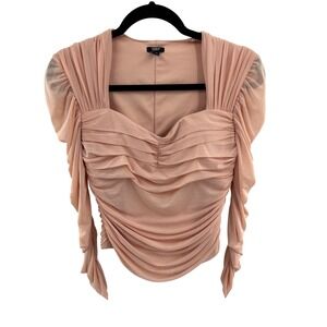 Express Body Contour Ruched Mesh Sweetheart Neck Long Sleeve Top Blush Pink M